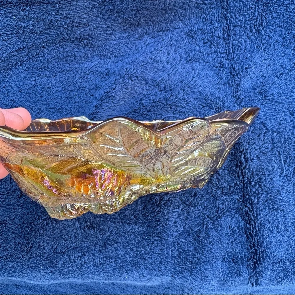 1970’s MCM 7 1/2” Indiana Glass Carnival Amber Leaf & Berry Candy Nut Dish Decor